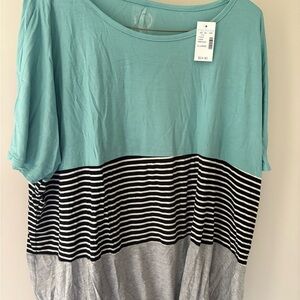 Teal and Black Striped Women's Short Sleeve Top